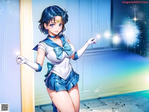 A girl in a sailor outfit with a finger on her lips.