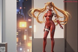 A woman in a red latex outfit standing in the middle of a city.