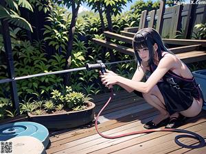 A woman in a black bathing suit sitting on a wooden bench.