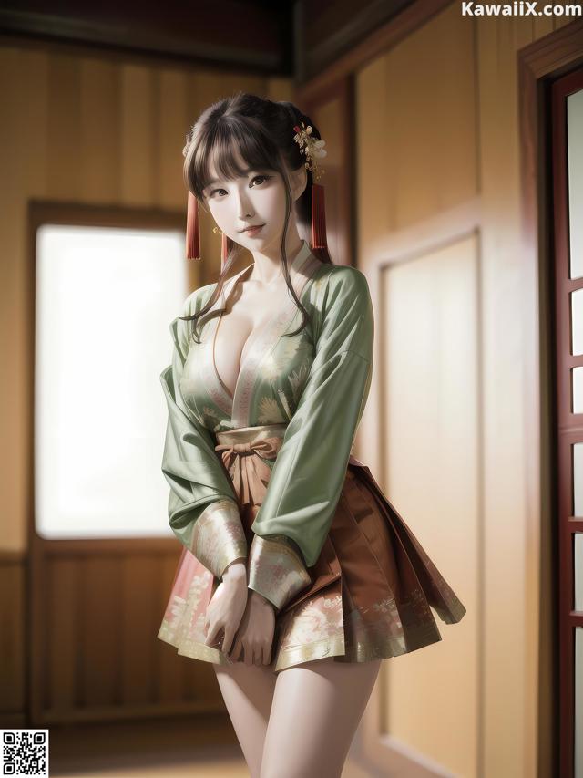 A woman in a green kimono is posing for a picture.